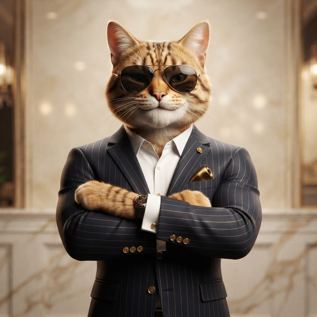 CHADCATE in a gold pinstripe suit and sunglasses